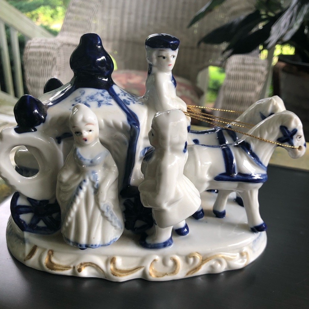 Victorian, ceramic horse drawn carriage with three figures